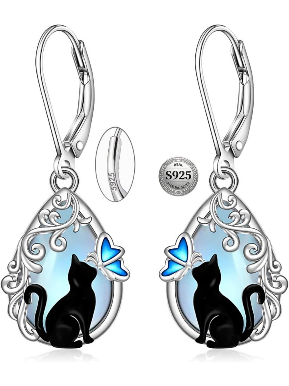 Black Cat Dangle Earrings with Moonstone & Turquoise - Sterling Silver Filigree